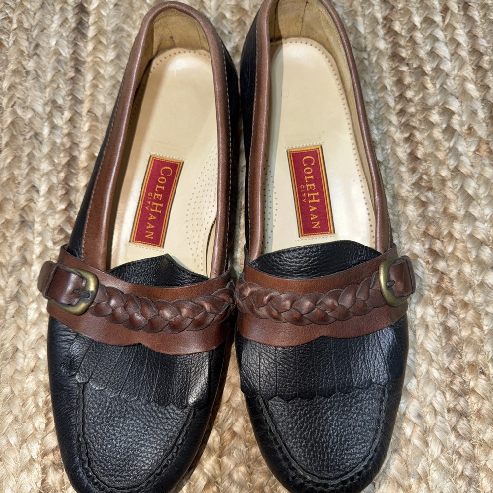 Vintage Cole Haan City Men 12 D Kiltie Fringe Loafers Black Leather C00884